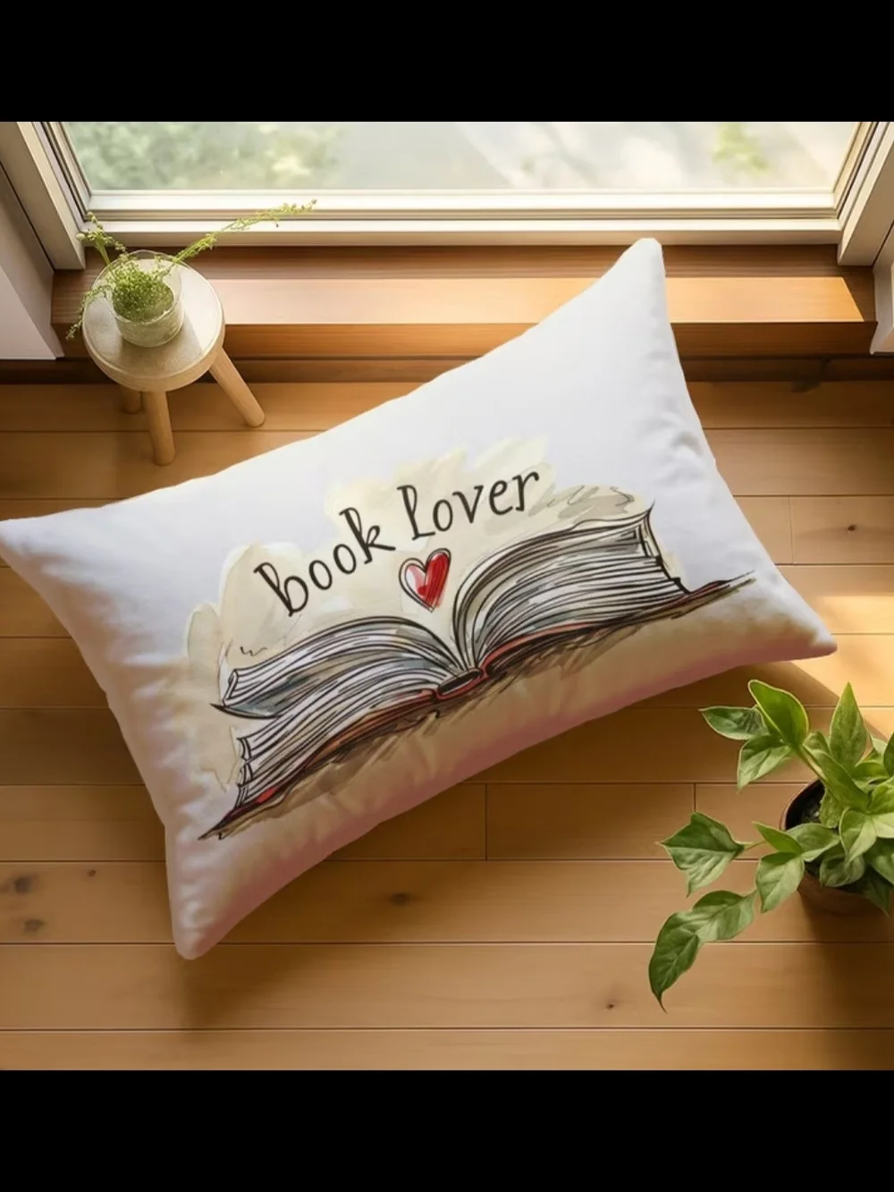 Book Lover Throw Pillow in Cream with Open Book Graphic